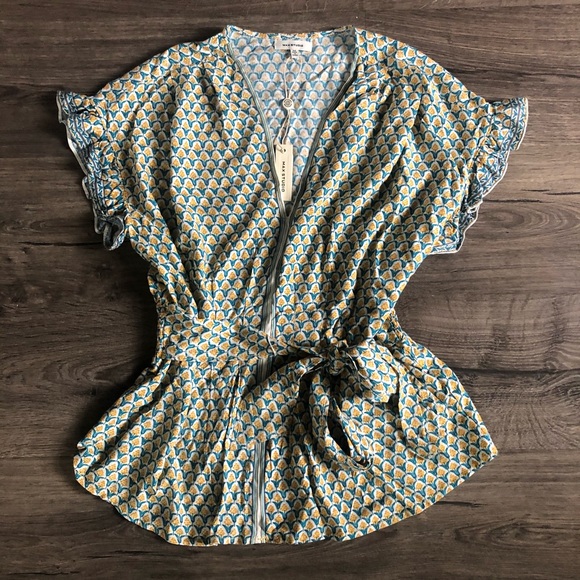 Max Studio Floral Top Ruffle Green Marigold M - Picture 3 of 3